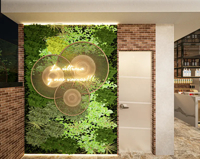 Render: baño con jardín vertical. Bar con terraza en Facatativá, Decord Design