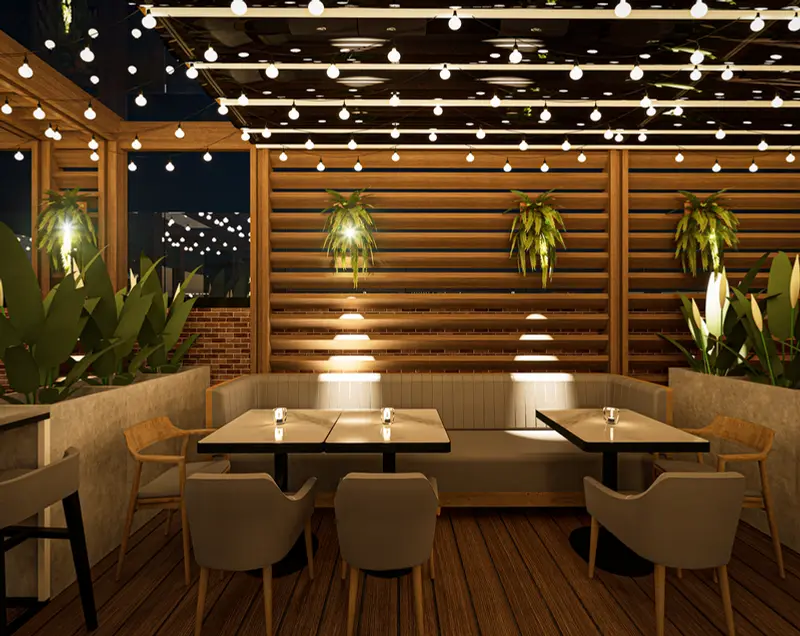 Render: terraza con mesas. Bar con terraza en Facatativá, Decord Design