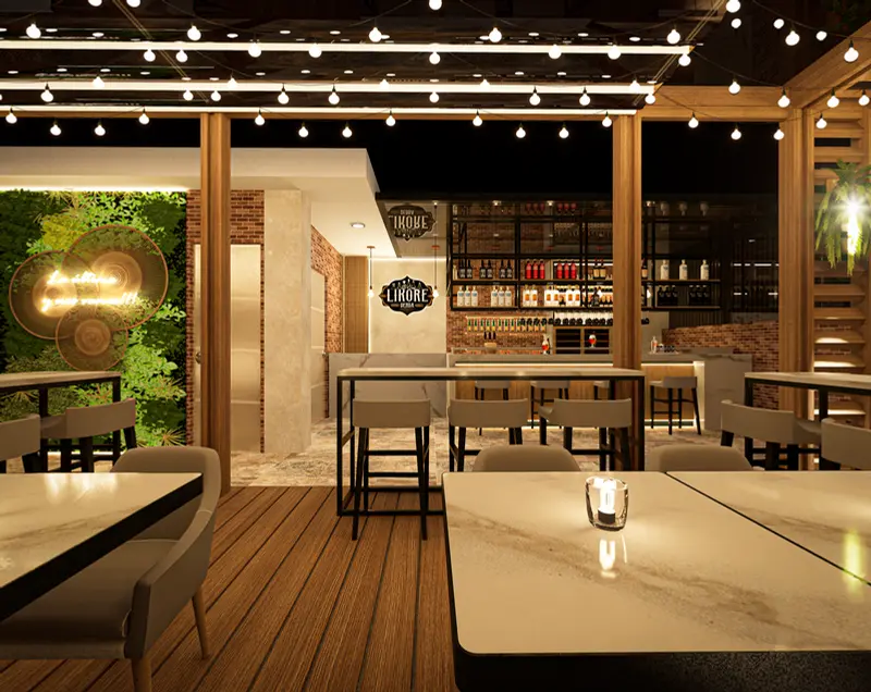 Render: terraza con mesas. Bar con terraza en Facatativá, Decord Design