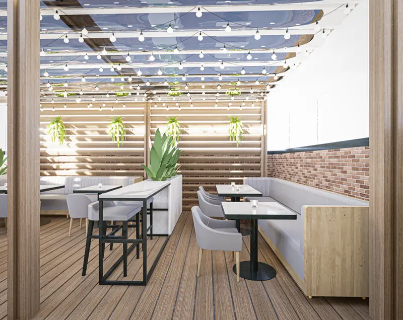 Render: terraza con mesas. Bar con terraza en Facatativá, Decord Design