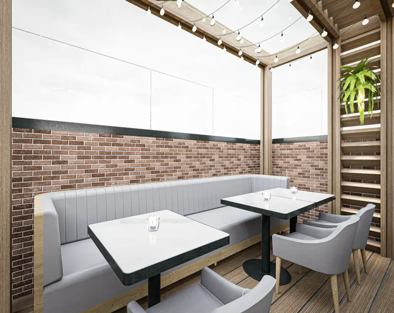 Render: terraza con mesas. Bar con terraza en Facatativá, Decord Design