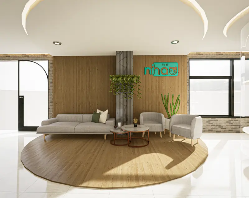 Render: tienda con exhibidores y punto de pago. Tienda y oficinas en Mosquera, Decord Design