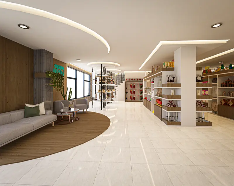 Render: tienda con exhibidores y punto de pago. Tienda y oficinas en Mosquera, Decord Design