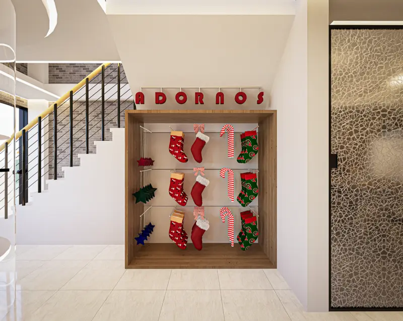Render: tienda con exhibidores y punto de pago. Tienda y oficinas en Mosquera, Decord Design
