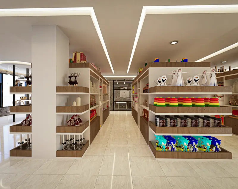 Render: tienda con exhibidores y punto de pago. Tienda y oficinas en Mosquera, Decord Design