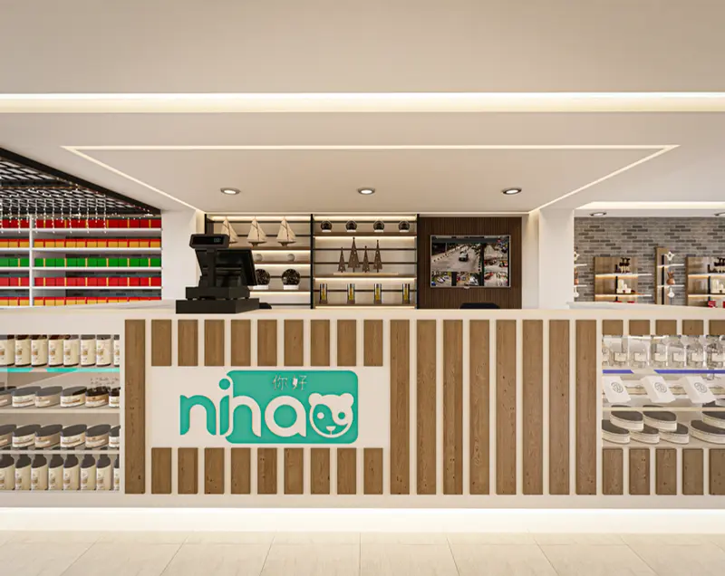 Render: tienda con exhibidores y punto de pago. Tienda y oficinas en Mosquera, Decord Design