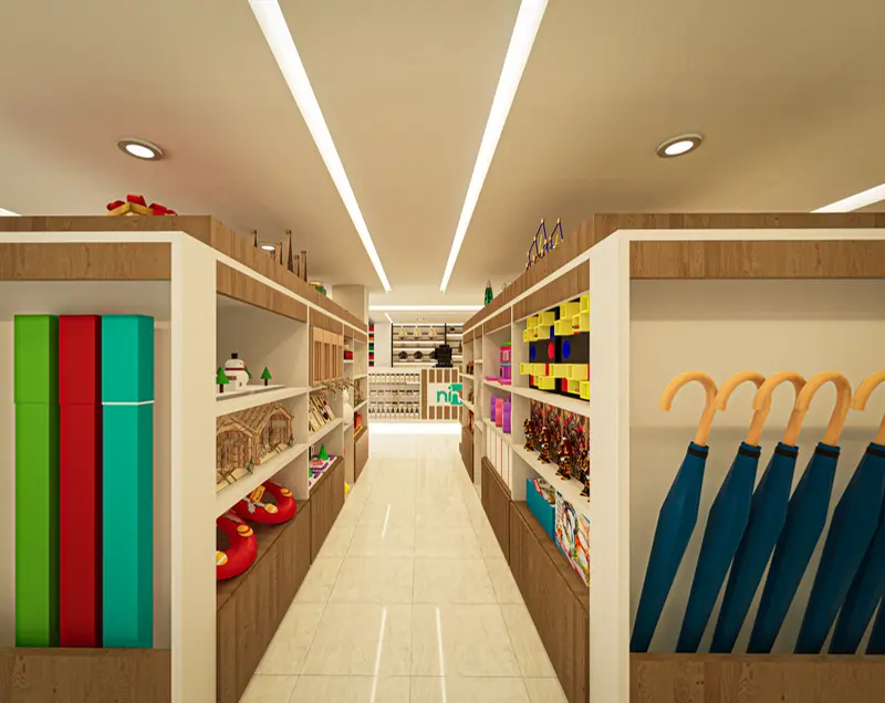Render: estanterías y cocineta. Tienda y oficinas en Mosquera, Decord Design