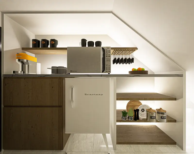 Render: estanterías y cocineta. Tienda y oficinas en Mosquera, Decord Design