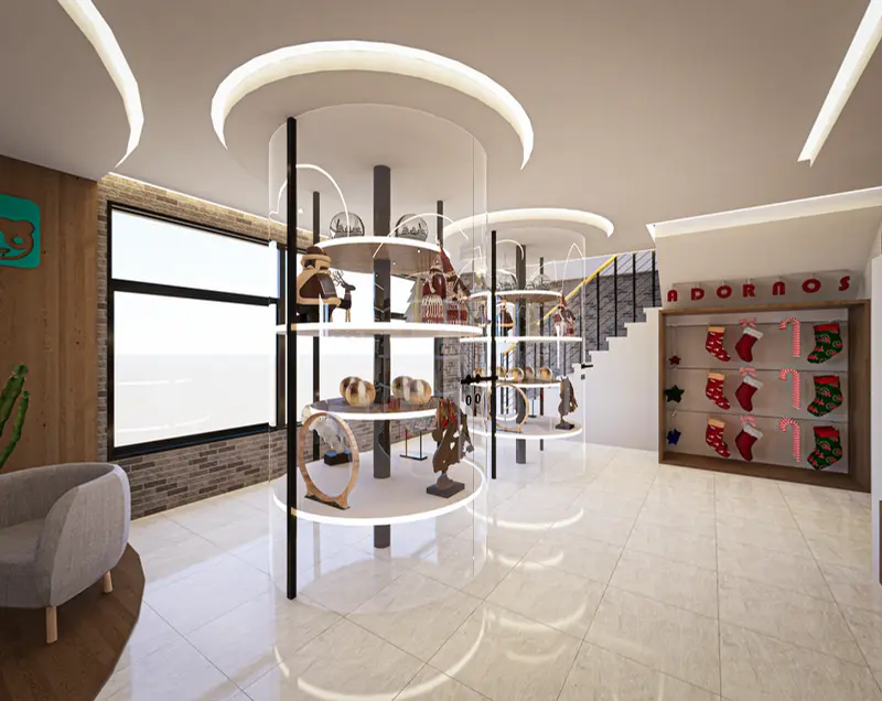 Render: zonas de exhibición de la tienda. Tienda y oficinas en Mosquera, Decord Design