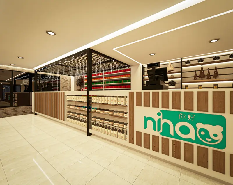 Render: zonas de exhibición de la tienda. Tienda y oficinas en Mosquera, Decord Design