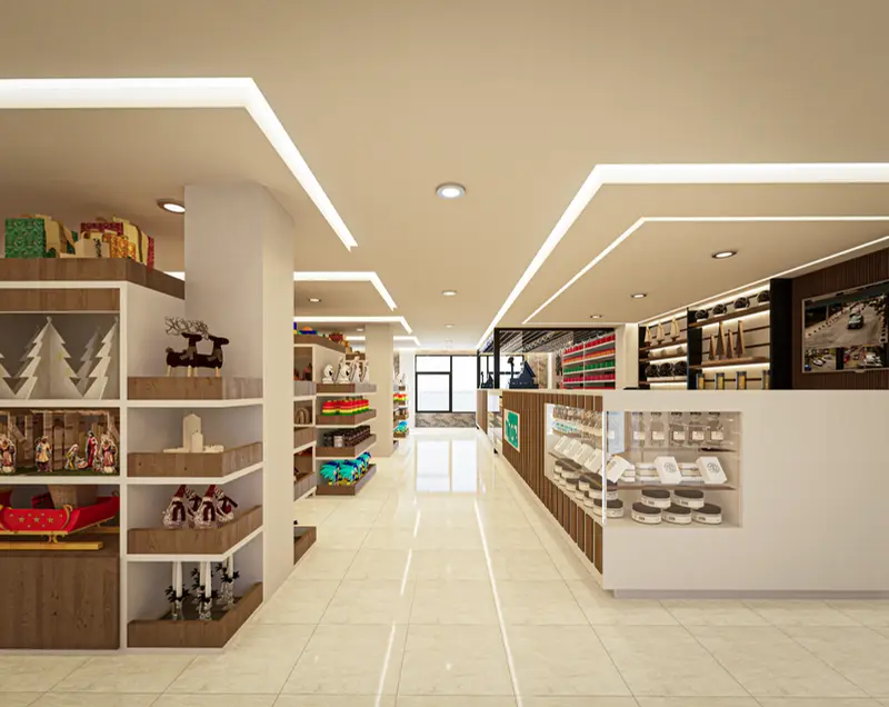 Render: zonas de exhibición de la tienda. Tienda y oficinas en Mosquera, Decord Design