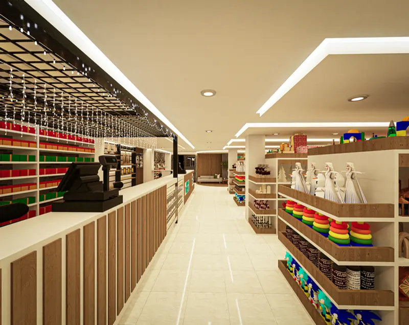 Render: zonas de exhibición de la tienda. Tienda y oficinas en Mosquera, Decord Design