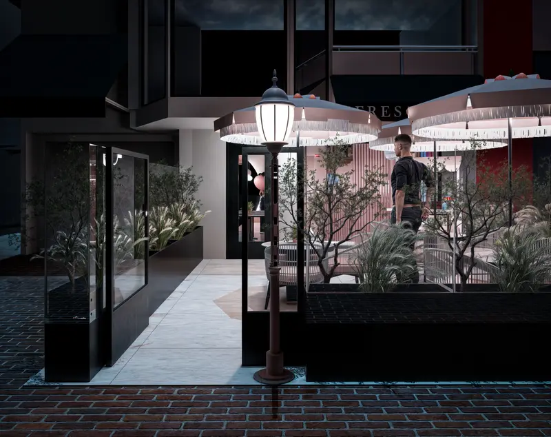 Render: fachada y terraza con sombrillas. Tienda de postres en Bogotá, Decord Design