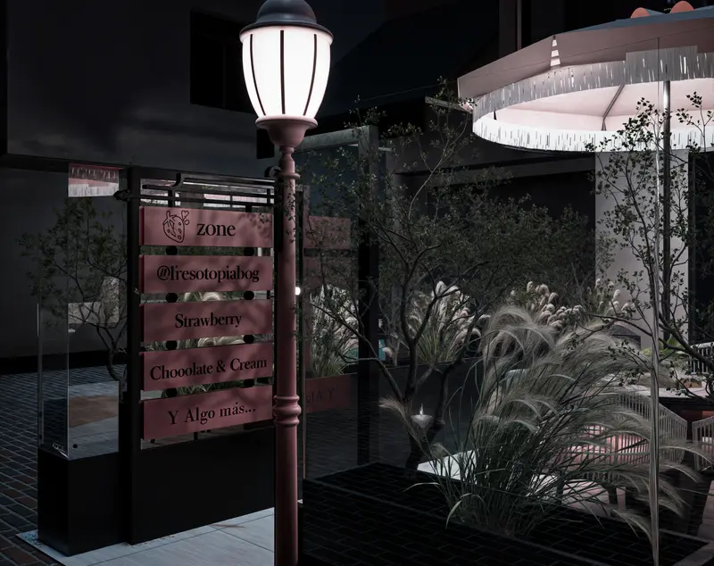 Render: fachada y terraza con sombrillas. Tienda de postres en Bogotá, Decord Design