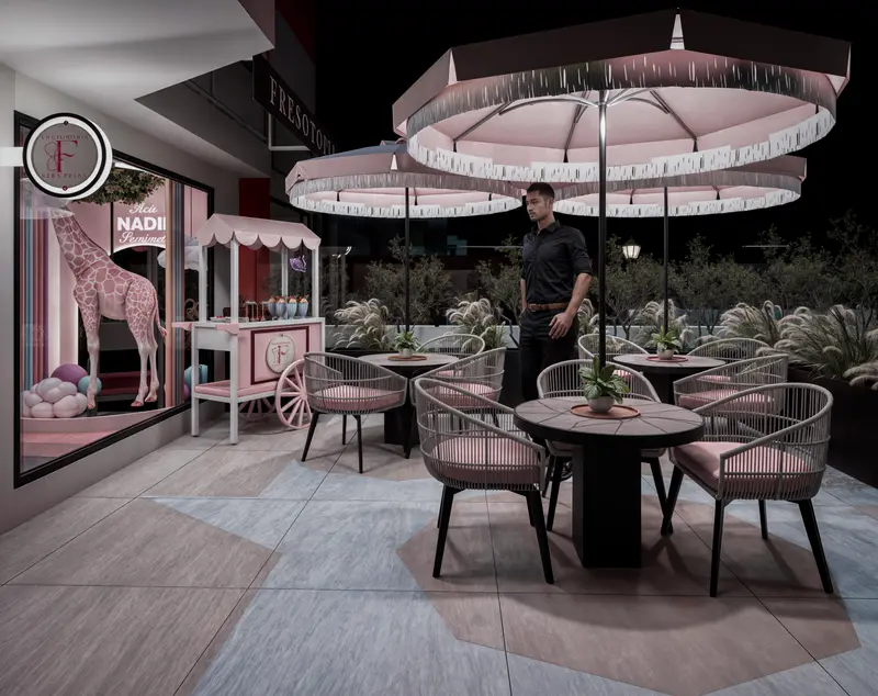 Render: fachada y terraza con sombrillas. Tienda de postres en Bogotá, Decord Design