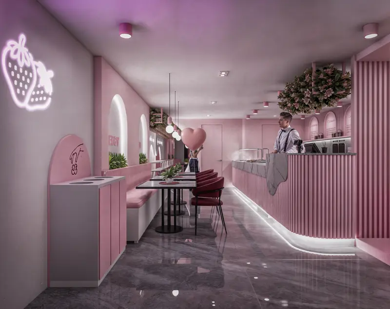 Render: salón y barra de postres en tonos rosa. Tienda de postres en Bogotá, Decord Design