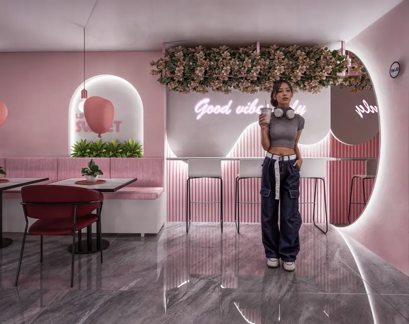 Render: salón y barra de postres en tonos rosa. Tienda de postres en Bogotá, Decord Design