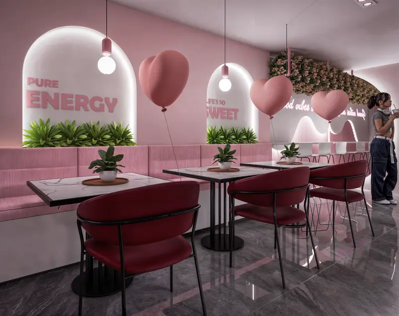 Render: salón y barra de postres en tonos rosa. Tienda de postres en Bogotá, Decord Design