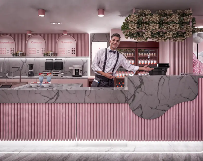 Render: salón y barra de postres en tonos rosa. Tienda de postres en Bogotá, Decord Design