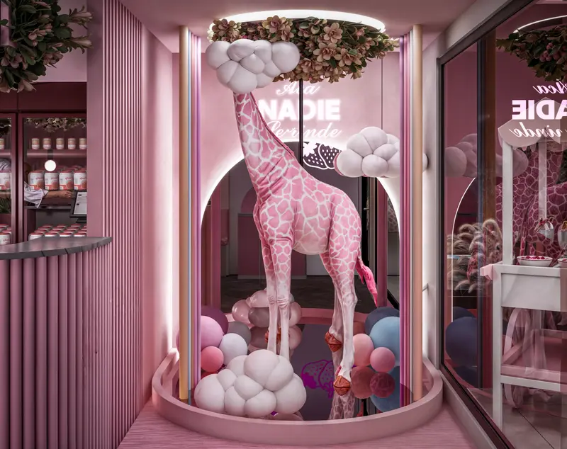 Render: salón y barra de postres en tonos rosa. Tienda de postres en Bogotá, Decord Design