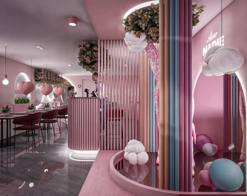 Render: salón y barra de postres en tonos rosa. Tienda de postres en Bogotá, Decord Design
