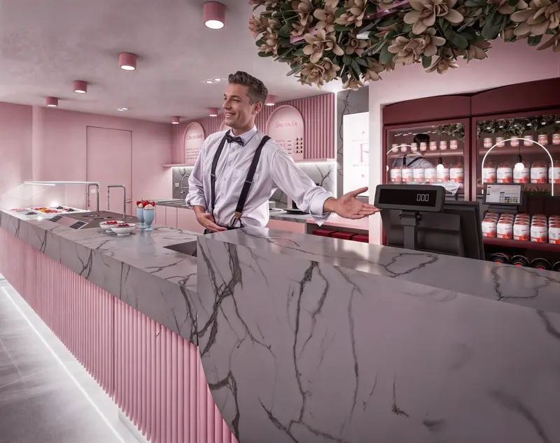 Render: salón y barra de postres en tonos rosa. Tienda de postres en Bogotá, Decord Design