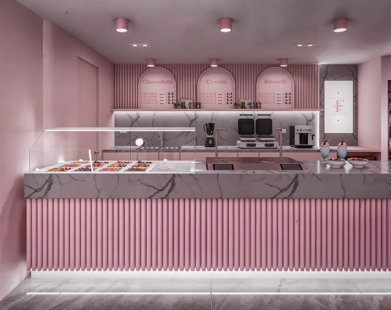 Render: salón y barra de postres en tonos rosa. Tienda de postres en Bogotá, Decord Design
