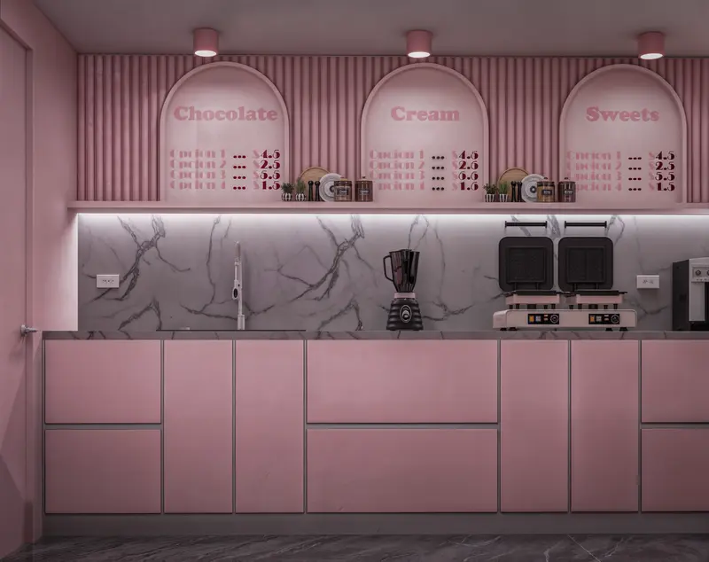 Render: barra de toppings. Tienda de postres en Bogotá, Decord Design