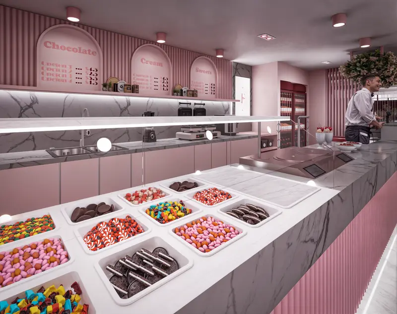 Render: barra de toppings. Tienda de postres en Bogotá, Decord Design