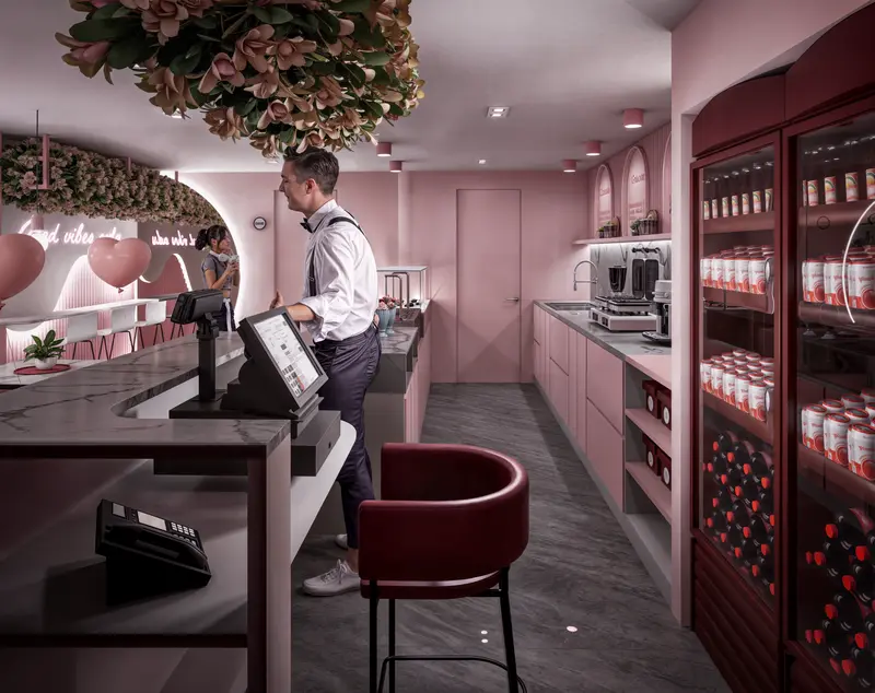 Render: barra de toppings. Tienda de postres en Bogotá, Decord Design