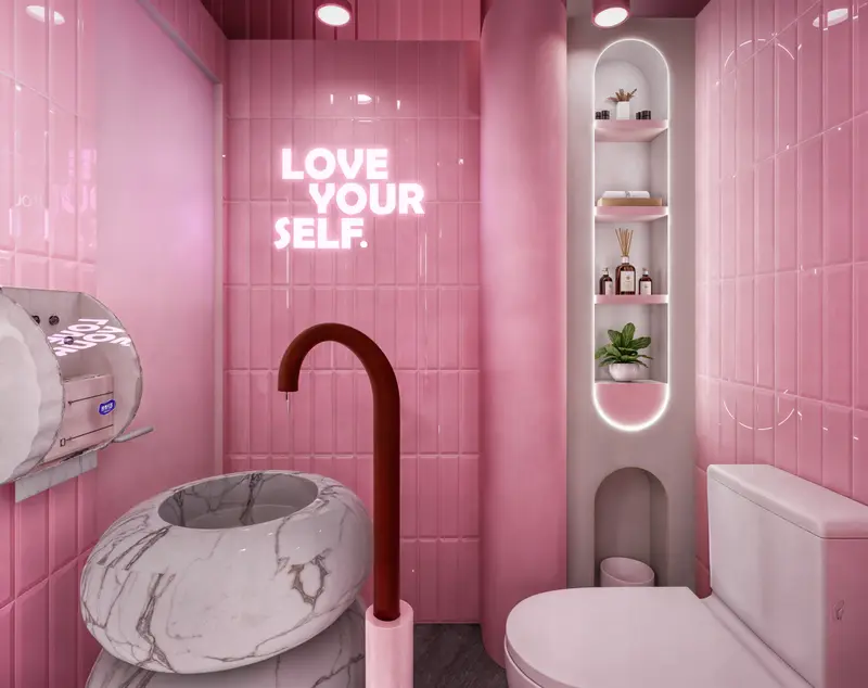 Render: baño en tonos rosa. Tienda de postres en Bogotá, Decord Design