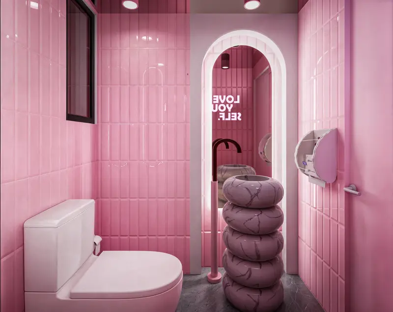 Render: baño en tonos rosa. Tienda de postres en Bogotá, Decord Design