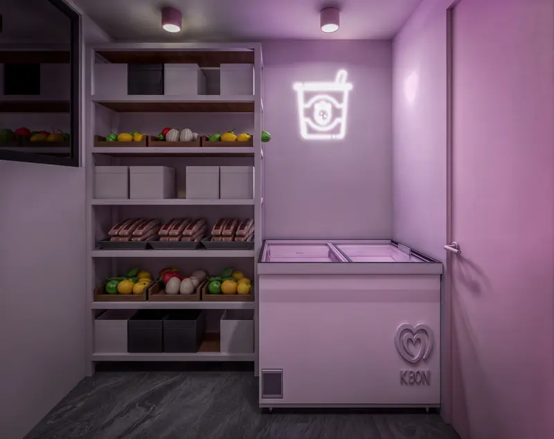 Render: zona de servicio. Tienda de postres en Bogotá, Decord Design