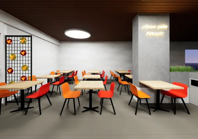 Render: salón de restaurante con sillas naranja. Restaurante en Bogotá, Decord Design