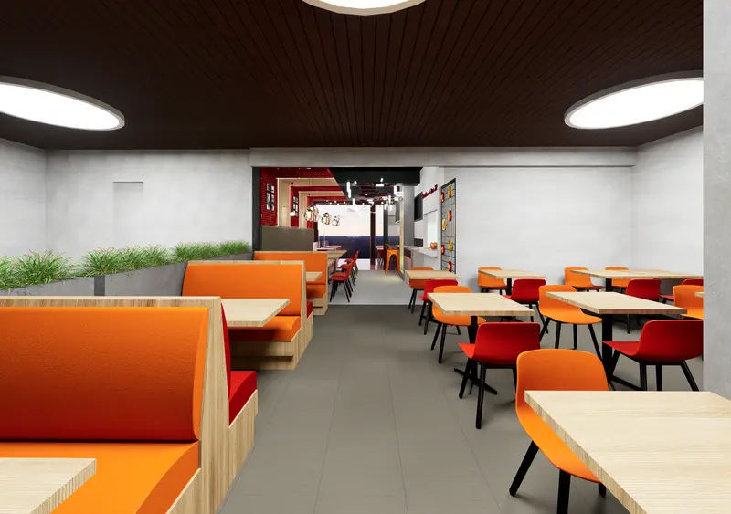 Render: salón de restaurante con sillas naranja. Restaurante en Bogotá, Decord Design