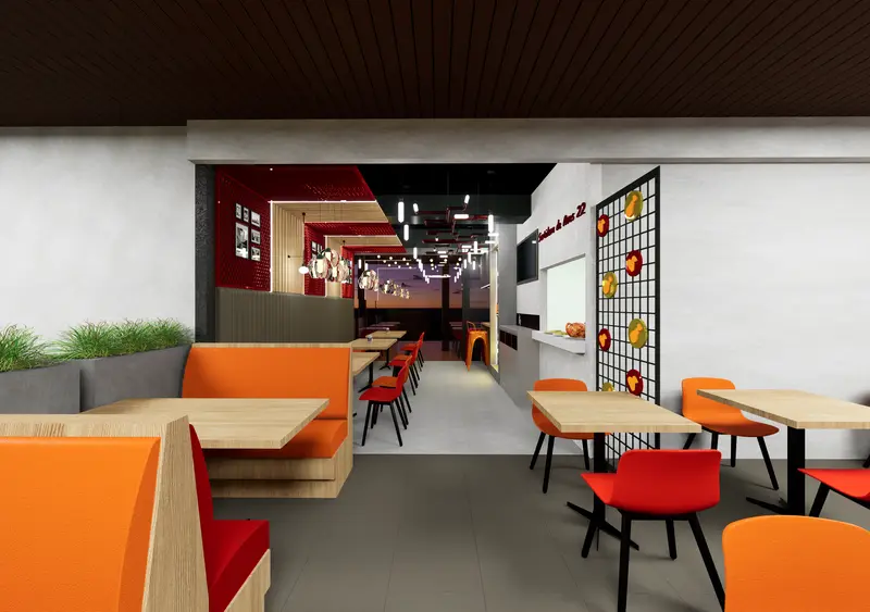 Render: salón de restaurante con sillas naranja. Restaurante en Bogotá, Decord Design