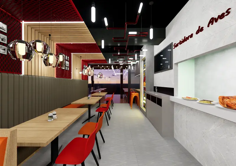 Render: salón de restaurante con sillas naranja. Restaurante en Bogotá, Decord Design