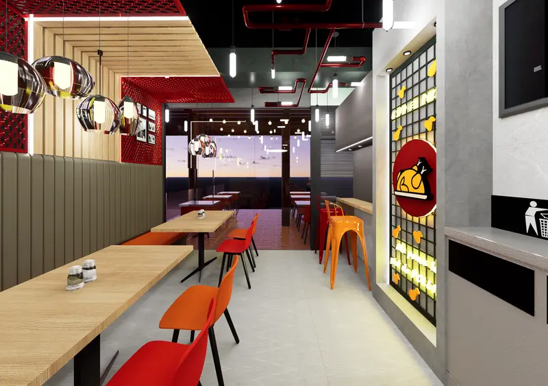 Render: salón de restaurante con sillas naranja. Restaurante en Bogotá, Decord Design