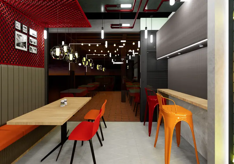 Render: salón de restaurante con sillas naranja. Restaurante en Bogotá, Decord Design