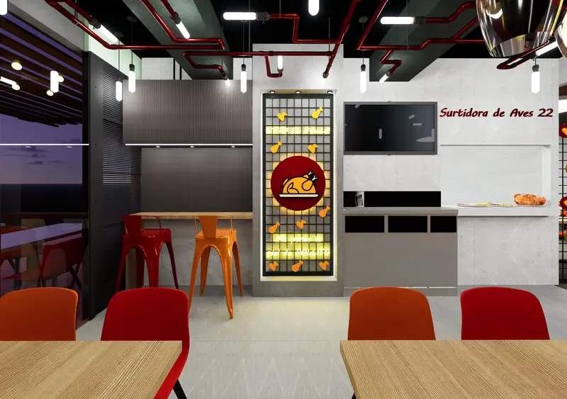 Render: salón de restaurante con sillas naranja. Restaurante en Bogotá, Decord Design