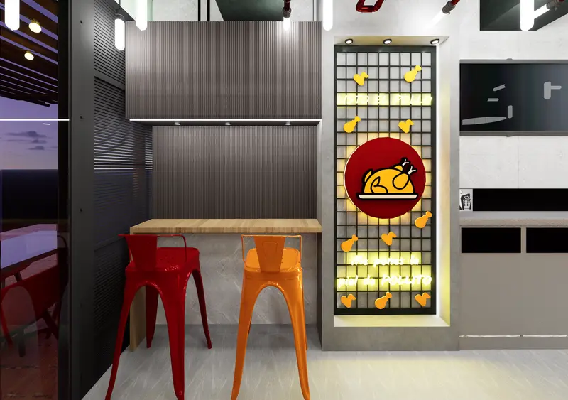 Render: salón de restaurante con sillas naranja. Restaurante en Bogotá, Decord Design