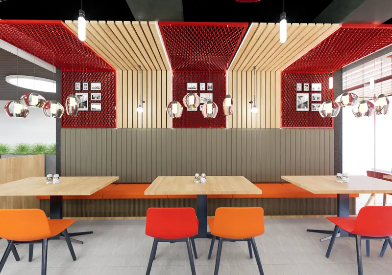 Render: salón de restaurante con sillas naranja. Restaurante en Bogotá, Decord Design