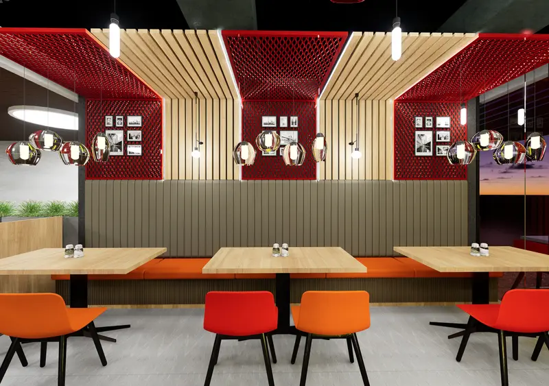 Render: salón de restaurante con sillas naranja. Restaurante en Bogotá, Decord Design