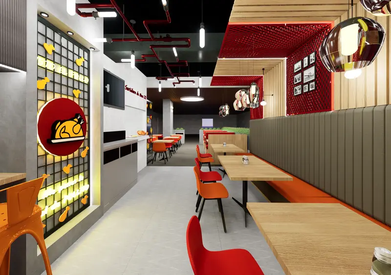 Render: salón de restaurante con sillas naranja. Restaurante en Bogotá, Decord Design