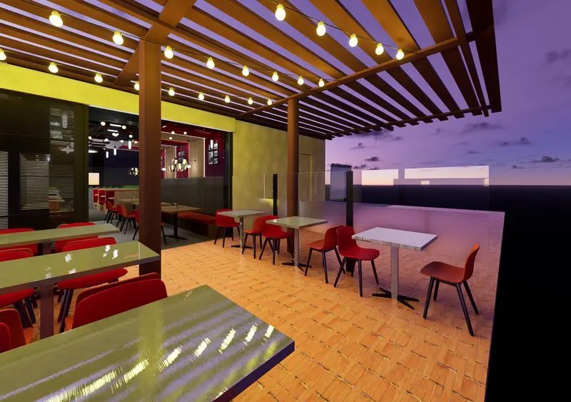 Render: salón de restaurante con sillas naranja. Restaurante en Bogotá, Decord Design