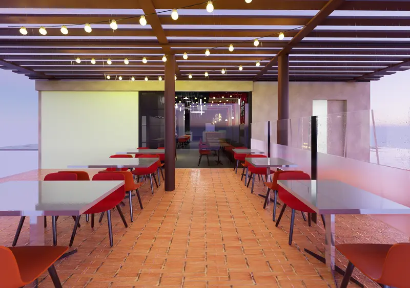 Render: salón de restaurante con sillas naranja. Restaurante en Bogotá, Decord Design