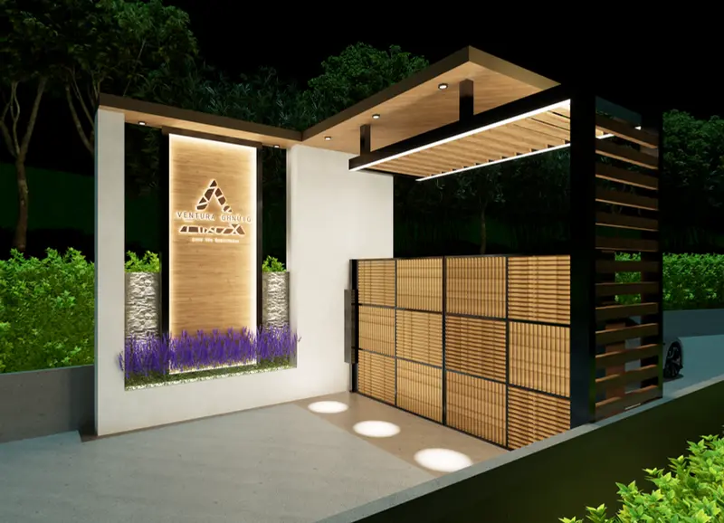 Render: portería y acceso vehicular. Proyecto turístico en La Vega, Decord Design