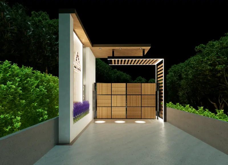 Render: portería y acceso vehicular. Proyecto turístico en La Vega, Decord Design