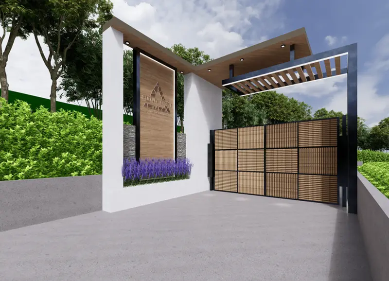Render: portería y acceso vehicular. Proyecto turístico en La Vega, Decord Design