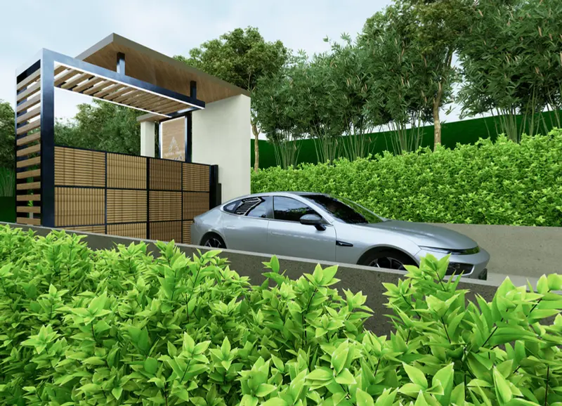 Render: portería y acceso vehicular. Proyecto turístico en La Vega, Decord Design